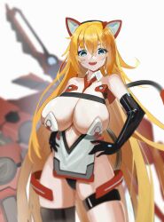 Rule 34 | 1041287866, 1girl, absurdres, alternate breast size, alternate costume, alternate hair length, alternate hairstyle, animal ears, artery gear, artery gear: fusion, asymmetrical legwear, black straps, black thighhighs, blonde hair, blue eyes, breasts, cat ears, cat tail, cleavage, detached collar, fake animal ears, fake tail, fang, hair between eyes, highres, jiang long bao, katie (artery gear), large breasts, long hair, navel, necktie, open mouth, red necktie, revealing clothes, tail, teeth, thigh strap, thighhighs, upper teeth only, very long hair