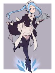 Rule 34 | 1girl, ankle boots, apron, black dress, black footwear, black thighhighs, blue hair, blush, boots, bridal gauntlets, collar, cup, do m kaeru, dress, feather trim, female focus, fire emblem, fire emblem fates, flora (fire emblem), forehead, frilled collar, frills, full body, grey eyes, high heel boots, high heels, holding, holding tray, juliet sleeves, leg up, long hair, long sleeves, looking at viewer, maid, maid headdress, nintendo, parted lips, puffy sleeves, sidelocks, solo, teacup, teapot, thighhighs, tray, twintails, twitter username, waist apron, white apron, zettai ryouiki