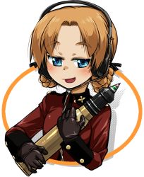 Rule 34 | 1girl, black gloves, black ribbon, blue eyes, braid, commentary, cropped torso, epaulettes, girls und panzer, gloves, hair ribbon, half-closed eyes, headphones, holding, insignia, jacket, long sleeves, looking at viewer, military, military uniform, open mouth, orange hair, orange pekoe (girls und panzer), parted bangs, r-ex, red jacket, ribbon, short hair, smirk, solo, st. gloriana&#039;s military uniform, tank shell, transparent background, twin braids, uniform, upper body