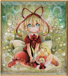 Rule 34 | 1girl, aqua eyes, blonde hair, bow, bug, butterfly, colored pencil (medium), fairy wings, flower, hair bow, hair ribbon, bug, lily of the valley, looking at viewer, marker (medium), medicine melancholy, mosho, puffy short sleeves, puffy sleeves, ribbon, shikishi, shirt, short sleeves, sitting, skirt, smile, solo, su-san, touhou, traditional media, wariza, wings