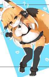 Rule 34 | 1girl, :o, absurdres, animal ears, animal hands, berusa (berutoo), black hair, black neckwear, black skirt, black thighhighs, blush, breasts, claws, colored tips, detached collar, ezo red fox (kemono friends), female focus, fox ears, fox girl, fox tail, furrification, furry, furry female, gloves, heart, highres, kemono friends, leaning to the side, long hair, looking at viewer, medium breasts, microskirt, multicolored fur, multicolored hair, navel, necktie, no nipples, no panties, orange eyes, orange fur, orange hair, outline, paw gloves, paw pose, paw shoes, pussy, short necktie, skirt, solo, tail, thighhighs, white hair, white outline