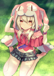 Rule 34 | 1girl, animal hood, bare legs, barefoot, blonde hair, blush, collarbone, commentary request, day, fate/grand order, fate (series), from above, from below, grass, hands up, highres, hood, illyasviel von einzbern, illyasviel von einzbern (swimsuit archer), illyasviel von einzbern (swimsuit archer) (first ascension), long hair, looking at viewer, midriff peek, nakajima kotoko, navel, no shoes, outdoors, paw shoes, red eyes, seiza, shoes, unworn shoes, shorts, sitting, smile, solo, swimsuit, twintails