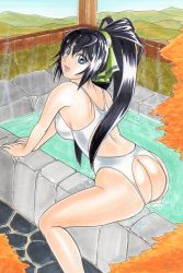 Rule 34 | 1girl, absurdres, ass, ass cutout, assless swimsuit, black hair, blue eyes, bow, clothing cutout, competition swimsuit, hair bow, hayami jin, highres, infinite stratos, looking at viewer, one-piece swimsuit, onsen, open mouth, ponytail, revealing clothes, shinonono houki, smile, solo, steam, swimsuit, tagme