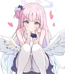 Rule 34 | 1girl, angel wings, blue archive, blush, closed mouth, commentary, dress, feathered wings, feet out of frame, hair bun, halo, heart, highres, long hair, looking at viewer, mika (blue archive), nonddu, pantyhose, pink hair, simple background, single side bun, sleeveless, sleeveless dress, smile, solo, symbol-only commentary, white background, white dress, white pantyhose, white wings, wings, yellow eyes