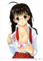 Rule 34 | 1girl, absurdres, ahoge, azuma yuki, black eyes, black hair, blush, bow, bow bra, bra, braid, breasts, cherry print, cleavage, food print, glasses, highres, large breasts, looking at viewer, open clothes, open shirt, pink bra, plaid, plaid skirt, scan, shirt, skirt, smile, solo, striped, twin braids, unbuttoning, underwear, undressing, vertical stripes