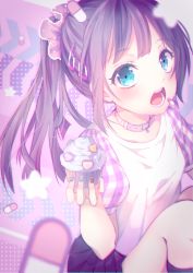 Rule 34 | 1girl, black hair, black skirt, blue eyes, blue nails, collar, commentary request, cupcake, food, hair ornament, hairclip, heart, highres, holding, holding food, knees up, looking at viewer, multicolored nails, nail polish, open mouth, original, pill, pink collar, plaid sleeves, pleated skirt, ponytail, red nails, shiki hinako, shirt, sidelocks, sitting, skirt, solo, star (symbol), white shirt