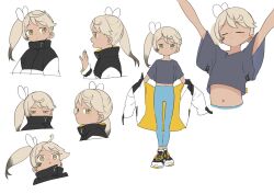 Rule 34 | 1girl, :o, arizuka konomi, blue pants, character profile, collared jacket, cropped torso, expressionless, expressions, female focus, from side, full body, green eyes, grey hair, jacket, multicolored hair, navel, original, pants, profile, satsuyo, shirt, side ponytail, simple background, solo, standing, stomach, stretching, surprised, waving, white background, yoga pants