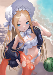 Rule 34 | 1girl, abigail williams (fate), abigail williams (swimsuit foreigner) (fate), abigail williams (swimsuit foreigner) (third ascension) (fate), bad id, bad pixiv id, bare shoulders, beach, bikini, black jacket, blonde hair, blue eyes, bonnet, bow, breasts, clothes pull, fate/grand order, fate (series), food, forehead, fruit, hair bow, hand in own hair, innertube, jacket, jacket pull, long hair, miniskirt, mokyumokyuchan, navel, off shoulder, parted bangs, shore, sidelocks, skirt, small breasts, solo, swim ring, swimsuit, twintails, very long hair, watermelon, white bikini, white bow, white headwear
