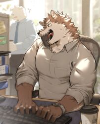 Rule 34 | anger vein, blue necktie, breast pocket, chain, character request, collared shirt, copyright request, cup, disposable cup, dog, furry, furry male, highres, holding, holding cup, jeck (2184521), keyboard (computer), motion lines, mouse (computer), necktie, office, on chair, open mouth, phone, pocket, shirt, sitting, sticky note, sweatdrop, talking on phone, typing, watch, white shirt, wolf, wristwatch