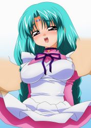 Rule 34 | 1990s (style), 1girl, 2boys, :d, apron, aqua hair, blush, breast sucking, breast sucking through clothes, breasts, canal vorfeed, double breast sucking, dress, drooling, faceless, faceless male, facial mark, forehead mark, group sex, happy, head tilt, highres, impossible clothes, juliet sleeves, long hair, long sleeves, looking at viewer, lost universe, medium breasts, mmf threesome, multiple boys, non-web source, open mouth, parted bangs, pink dress, puffy sleeves, purple eyes, purple ribbon, retro artstyle, ribbon, saliva, smile, solo focus, sugimura tomokazu, threesome, unaligned breasts, white apron