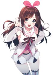 Rule 34 | 1girl, bare shoulders, blush, bow, breasts, brown hair, caidychen, collarbone, detached sleeves, green eyes, hair bow, hairband, hand on own hip, hand up, highres, kizuna ai, kizuna ai inc., long hair, looking at viewer, medium breasts, midriff, open mouth, shorts, simple background, smile, solo, standing, virtual youtuber, white background