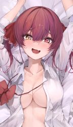 Rule 34 | 1girl, arms up, bed, blush, bow, bowtie, breasts, cleavage, heart, heart-shaped pupils, highres, hololive, houshou marine, large breasts, long hair, nervous, open clothes, open mouth, open shirt, red eyes, red hair, samu (sam deg369), shirt, solo, symbol-shaped pupils, virtual youtuber, white shirt, yellow eyes