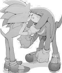 Rule 34 | 2boys, animal ears, animal nose, artist name, back, blush, closed eyes, closed mouth, fang, full body, furry, furry male, gloves, greyscale, hands up, hedgehog, hedgehog ears, hedgehog tail, kiss, knuckles the echidna, male focus, monochrome, multiple boys, shadow, shoes, simple background, sk rokuro, sneakers, socks, sonic (series), sonic the hedgehog, standing, star (symbol), sweat, sweatdrop, tail, teeth, yaoi