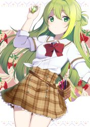 Rule 34 | 1girl, alina gray, arm up, belt, belt buckle, belt pouch, border, bow, bowtie, brown belt, brown skirt, buckle, buttons, commentary request, cowboy shot, food, food print, fruit, fujishiro emyu, green eyes, green hair, grief seed, highres, holding, layered sleeves, long hair, long sleeves, looking at viewer, lying, magia record: mahou shoujo madoka magica gaiden, mahou shoujo madoka magica, on back, one side up, paintbrush, plaid, plaid skirt, pouch, red bow, red bowtie, sailor collar, sakae general school uniform, school uniform, scissors, shaded face, shirt, side-tie shirt, skirt, solo, strawberry, strawberry print, white sailor collar, white shirt