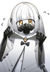 Rule 34 | 1girl, absurdres, black mask, blue archive, blush, coat, ein (blue archive), extra pupils, groin, highres, long sleeves, looking at viewer, mask, mechanical hands, medium hair, navel, respirator, solo, symbol-shaped pupils, twintails, veni tsubaki, white coat, white hair, wide sleeves, x-shaped pupils, yellow eyes