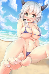 Rule 34 | 10s, 1girl, alternate costume, arm support, bare legs, bare shoulders, barefoot, beach, bikini, blue bikini, blush, breast hold, breasts, cloud, cloudy sky, day, draph, embarrassed, feet, foot focus, foreshortening, granblue fantasy, green eyes, highleg, highleg bikini, highres, horns, kumuyu, large breasts, long hair, looking at viewer, low twintails, micro bikini, nyahu (nyahu 77), ocean, open mouth, outdoors, purple bikini, sideboob, silver hair, sitting, skindentation, sky, soles, solo, swimsuit, thighs, toes, twintails, underboob, water