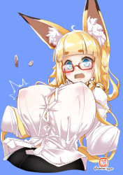 Rule 34 | 1girl, ahoge, amino dopple, animal ear fluff, animal ears, black skirt, blonde hair, blue background, blue eyes, blunt bangs, blush, breasts, buttons, commentary request, embarrassed, fangs, fox ears, glasses, highres, huge breasts, long hair, long sleeves, looking at viewer, open mouth, original, popped button, red-framed eyewear, semi-rimless eyewear, shirt, short eyebrows, signature, simple background, skirt, solo, twitter username, under-rim eyewear, white shirt