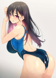 Rule 34 | 1girl, :q, ass, black hair, blue one-piece swimsuit, colored inner hair, commentary request, competition swimsuit, cum, cum on ass, cum on clothes, from behind, gradient hair, highleg, highleg swimsuit, highres, licking lips, long hair, multicolored hair, one-piece swimsuit, original, pink eyes, pink hair, shu-ten, standing, sweat, swimsuit, tongue, tongue out