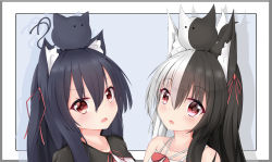 Rule 34 | 2girls, :&lt;, :3, absurdres, alice mana, alice mana channel, animal, animal ear fluff, animal ears, animal on head, bare shoulders, black hair, cat ears, chisuzu mei, closed mouth, commentary request, creator connection, crossover, dress, drop shadow, fang, hair between eyes, hair ribbon, highres, long hair, multicolored hair, multiple girls, nagato-chan, on head, one side up, open mouth, paryi project, red eyes, red ribbon, ribbon, shirt, sleeveless, sleeveless dress, two-tone hair, upper body, v-shaped eyebrows, virtual youtuber, white dress, white hair, white shirt