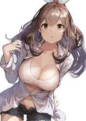 Rule 34 | 1girl, black shorts, blue bow, blurry, blush, bow, breasts, brown eyes, brown hair, cleavage, crop top, depth of field, dress shirt, hair between eyes, hair bow, highres, idolmaster, idolmaster shiny colors, koruse, large breasts, long hair, long sleeves, looking at viewer, navel, open clothes, open mouth, open shorts, parted lips, ponytail, shirt, shorts, simple background, solo, swept bangs, tsukioka kogane, white background, white shirt