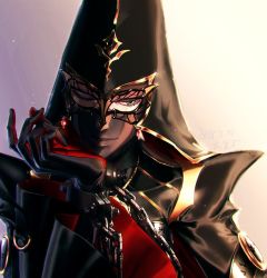 Rule 34 | 1girl, 2018, bayonetta (series), bayonetta 2, black eyes, buckle, bug, butterfly, chain, cuffs, dated, gloves, gold trim, gradient background, helmet, insect, jewelry, kara namako, mask, necklace, one eye closed, rosa (bayonetta), runes, shackles, signature, smile, solo, veil