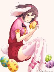 Rule 34 | 1girl, :d, ando hitomi, animal ears, argyle, argyle clothes, argyle legwear, blush, boots, brown eyes, brown hair, easter, easter egg, egg, holding, ilog, looking at viewer, occhan (11715), official art, open mouth, rabbit ears, rabbit tail, short hair, sitting, smile, solo, tail, thighhighs