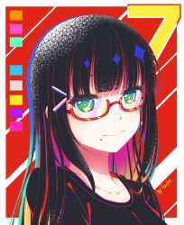 Rule 34 | 1girl, artist name, bespectacled, black hair, black shirt, blunt bangs, closed mouth, collarbone, commentary request, glasses, hacko, highres, kurosawa dia, long hair, looking at viewer, love live!, love live! sunshine!!, mole, mole under mouth, multicolored hair, pink hair, portrait, red-framed eyewear, red background, semi-rimless eyewear, shirt, smile, solo, two-tone background, two-tone hair, under-rim eyewear