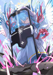 Rule 34 | 1girl, blue archive, blue hair, blue wings, blunt ends, bow, bowtie, braid, closed eyes, closed mouth, commentary request, dress, frilled dress, frills, gloves, hair ornament, hair ribbon, halo, hat, highres, juliet sleeves, light blue hair, long sleeves, low twin braids, mine (blue archive), nurse cap, omochishiki, pink bow, pink bowtie, pink ribbon, puffy sleeves, ribbon, riot shield, shield, solo, twin braids, white dress, white gloves, wings
