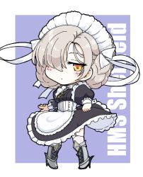 Rule 34 | 1girl, apron, azur lane, bad id, bad pixiv id, black dress, blush, boots, braid, breasts, chain, character name, chibi, closed mouth, commentary request, cross, dress, full body, garter straps, grey footwear, hair over one eye, hydrock, juliet sleeves, knee boots, latin cross, light brown hair, long sleeves, looking at viewer, maid, maid headdress, puffy sleeves, sheffield (azur lane), small breasts, solo, thighhighs, white apron, white thighhighs, yellow eyes