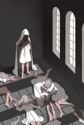Rule 34 | 6+girls, barefoot, blanket, dress, from above, grey hair, hair spread out, indoors, light, long hair, lying, multiple girls, original, out of frame, room, shaded face, shadow, shokugyo, standing, white dress, window