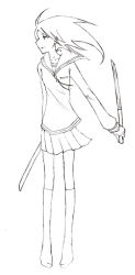 Rule 34 | greyscale, monochrome, original, school uniform, serafuku, solo, sword, ushi (ushi manji), wakizashi, weapon