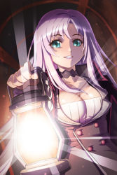 Rule 34 | 1girl, aqua eyes, breasts, cape, cat shi, choker, collarbone, grin, holding, lantern, large breasts, long hair, lowres, open mouth, parted lips, pink hair, shiny skin, smile, solo, sword girls, very long hair