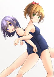 Rule 34 | 2girls, back-to-back, blue one-piece swimsuit, bow, breasts, brown hair, carrying, green eyes, hair bow, highres, looking at viewer, multiple girls, one-piece swimsuit, open mouth, original, ponytail, purple eyes, purple hair, red bow, school swimsuit, shibacha (shibacha 0728), short hair, simple background, small breasts, smile, swimsuit, white background