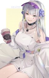 Rule 34 | 1girl, absurdres, bare shoulders, belt, belt pouch, black collar, border, character name, collar, commentary request, cup, dress, ear piercing, girls&#039; frontline, green eyes, grey hair, hair ribbon, hand up, highres, hk416 (girls&#039; frontline), holding, holding cup, jacket, jewelry, long hair, looking at viewer, necklace, off shoulder, open clothes, open jacket, piercing, pouch, purple nails, purple ribbon, ribbon, sakana-ko, smile, solo, strapless, strapless dress, teardrop facial mark, upper body, visor cap, white belt, white border, white dress, white jacket