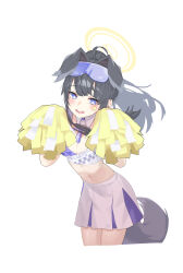 Rule 34 | 1girl, absurdres, animal ears, black hair, blue archive, blue eyes, blush, breasts, bright pupils, cheerleader, choker, cleavage, commentary, confetti, crop top, cropped legs, detached collar, dog ears, dog girl, dog tail, extra ears, eyewear on head, halo, halter shirt, halterneck, hibiki (blue archive), hibiki (cheer squad) (blue archive), highres, holding, holding pom poms, long hair, looking at viewer, medium breasts, midriff, moguri (kxh5061), navel, nervous smile, o-ring, o-ring choker, official alternate costume, pleated skirt, pom pom (cheerleading), pom poms, ponytail, simple background, skirt, smile, solo, star (symbol), sticker on face, stomach, sweat, tail, white background, white pupils, white skirt, yellow halo
