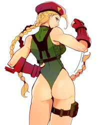 Rule 34 | 1girl, ass, bare shoulders, blonde hair, blue eyes, braid, breasts, cammy white, curvy, fingerless gloves, from behind, gloves, hand on own hip, hat, highleg, highleg leotard, highres, isaacchief300, large breasts, leotard, long hair, looking back, sleeveless, street fighter, thong leotard, twin braids, white background, wide hips