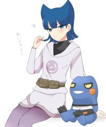 Rule 34 | 1girl, arm support, black shirt, blue eyes, blue hair, blunt bangs, blush, closed mouth, coin (pokemon), commentary request, creatures (company), croagunk, game freak, gen 4 pokemon, hand up, highres, jacket, long sleeves, nintendo, ohn pkmn, pantyhose, pearl clan outfit, pokemon, pokemon (creature), pokemon legends: arceus, purple pantyhose, shirt, sitting, skirt, translation request, white background, white jacket, white skirt