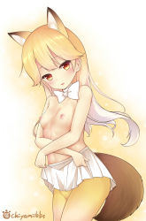 Rule 34 | 10s, 1girl, :d, animal ears, artist name, blonde hair, blush, bow, bowtie, breasts, cameltoe, chiyami, clothes lift, collarbone, commentary request, cowboy shot, crossed arms, extra ears, ezo red fox (kemono friends), fang, female focus, fox ears, fox tail, gradient background, gradient hair, head tilt, highres, japari symbol, kemono friends, lifting own clothes, long hair, looking at viewer, miniskirt, multicolored clothes, multicolored eyes, multicolored hair, multicolored legwear, nipples, open mouth, pantyhose, pleated skirt, red eyes, shiny skin, skirt, skirt lift, small breasts, smile, solo, standing, tail, topless, tsurime, undressing, very long hair, white bow, white bowtie, white hair, white skirt, yellow background, yellow eyes