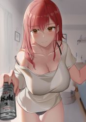 Rule 34 | 1girl, alcohol, asahi breweries, asato mai, beer, beer can, black panties, blush, breasts, can, cleavage, collarbone, drink can, highres, holding, holding can, large breasts, long hair, looking at viewer, original, panties, red eyes, red hair, solo, underwear
