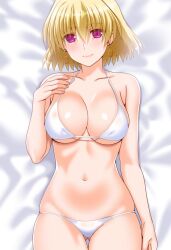 Rule 34 | 1girl, bare shoulders, bikini, blonde hair, blush, breasts, cleavage, collarbone, commentary request, earrings, engo (aquawatery), gluteal fold, jewelry, large breasts, looking at viewer, lying, lyrical nanoha, midriff, navel, purple eyes, shamal, short hair, smile, solo, swimsuit, white bikini