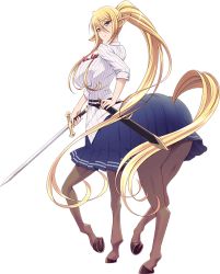 Rule 34 | 1girl, absurdly long hair, animal ears, artist request, bad source, belt, blonde hair, blouse, blue eyes, blue skirt, blush, breasts, centaur, centorea shianus, full body, holding, holding sword, holding weapon, horse ears, horse tail, huge breasts, long hair, long sword, looking at viewer, looking back, monster girl, monster musume no iru nichijou, monster musume no iru nichijou online, official art, sheath, shirt, skirt, solo, sword, tail, taur, transparent background, very long hair, weapon, white shirt