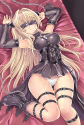 Rule 34 | 1girl, armpits, bdsm, blindfold, blonde hair, bondage, boots, bound, breasts, chain, chained, chained wrists, covered erect nipples, cuffs, detached sleeves, dress, hair ornament, hakaba (dairiseki), highres, impossible clothes, impossible dress, konjiki no yami, large breasts, long hair, lying, on back, panties, restrained, shiny clothes, solo, sweat, thigh strap, to love-ru, twintails, two side up, underwear, very long hair, wide hips
