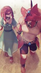 Rule 34 | aqua dress, black shorts, brother and sister, contemporary, dress, fins, fish boy, fish girl, footprints, full body, highres, holding hands, kashu (hizake), mipha, nintendo, open mouth, sandals, short sleeves, shorts, siblings, sidon, smile, standing, the legend of zelda, the legend of zelda: breath of the wild, topless male, walking, zora