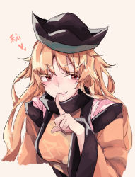Rule 34 | 1girl, bad id, bad pixiv id, beige background, black hat, blonde hair, blush, breasts, brown eyes, colored eyelashes, commentary request, cropped torso, datee, detached sleeves, grin, hand up, hat, heart, highres, index finger raised, long hair, long sleeves, looking at viewer, matara okina, medium breasts, simple background, sketch, smile, solo, tabard, touhou, upper body, wide sleeves