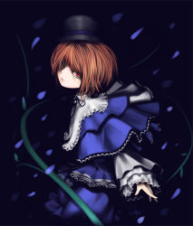 Rule 34 | 00s, 1girl, black background, blue dress, brown hair, closed mouth, dress, frills, green eyes, hat, heterochromia, inemuri uno, long sleeves, looking at viewer, petals, plant, red eyes, rozen maiden, short hair, solo, souseiseki, top hat, upper body, vines