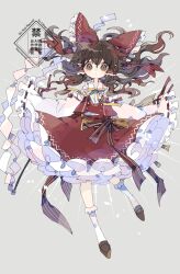 1girl absurdres bow brown_eyes brown_hair brown_shoes closed_mouth collared_shirt commentary_request detached_sleeves frilled_bow frilled_hair_tubes frilled_skirt frills full_body gohei grey_background hair_bow hair_tubes hakurei_reimu highres holding holding_gohei long_hair looking_at_viewer neck_ribbon nikorashi-ka red_bow red_shirt red_skirt ribbon ribbon-trimmed_sleeves ribbon_trim shirt shoes sidelocks simple_background skirt skirt_set sleeveless sleeveless_shirt socks solo touhou watermark white_sleeves white_socks yellow_ribbon