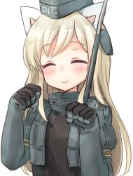 Rule 34 | 10s, 1girl, animal ears, bad id, bad pixiv id, black gloves, blonde hair, cat day, cat ears, closed eyes, gloves, highres, jacket, juliet sleeves, kantai collection, kemonomimi mode, long hair, long sleeves, military, military uniform, open clothes, open jacket, paw pose, puffy sleeves, sawatari (sado), smile, solo, u-511 (kancolle), uniform, very long hair