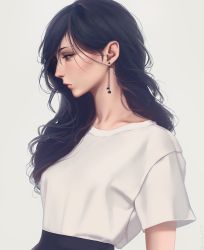 Rule 34 | 1girl, black eyes, black hair, closed mouth, dress, earrings, highres, jewelry, lips, long hair, looking to the side, miura-n315, original, profile, solo, standing, upper body, white background