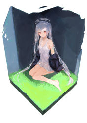 Rule 34 | 1girl, absurdres, bare shoulders, barefoot, black jacket, closed mouth, commentary request, dress, full body, grey hair, halo, highres, ichika (ichika87), jacket, long hair, looking at viewer, off shoulder, on grass, open clothes, open jacket, original, red eyes, simple background, sitting, sleeveless, sleeveless dress, solo, twintails, very long hair, white background, white dress, yokozuwari