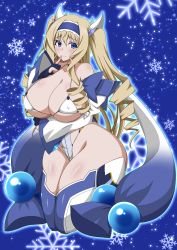Rule 34 | 1girl, absurdres, alternate hairstyle, blonde hair, blue eyes, blue hairband, breasts, cecilia alcott, cleavage, cosplay, covered erect nipples, curly hair, drill hair, hairband, highres, impossible clothes, impossible leotard, infinite stratos, large breasts, leotard, lolita hairband, long hair, looking at viewer, onisaki kirara (cosplay), shiny skin, smile, solo, space gorilla, taimanin (series), taimanin rpgx, taimanin suit, twintails, underboob